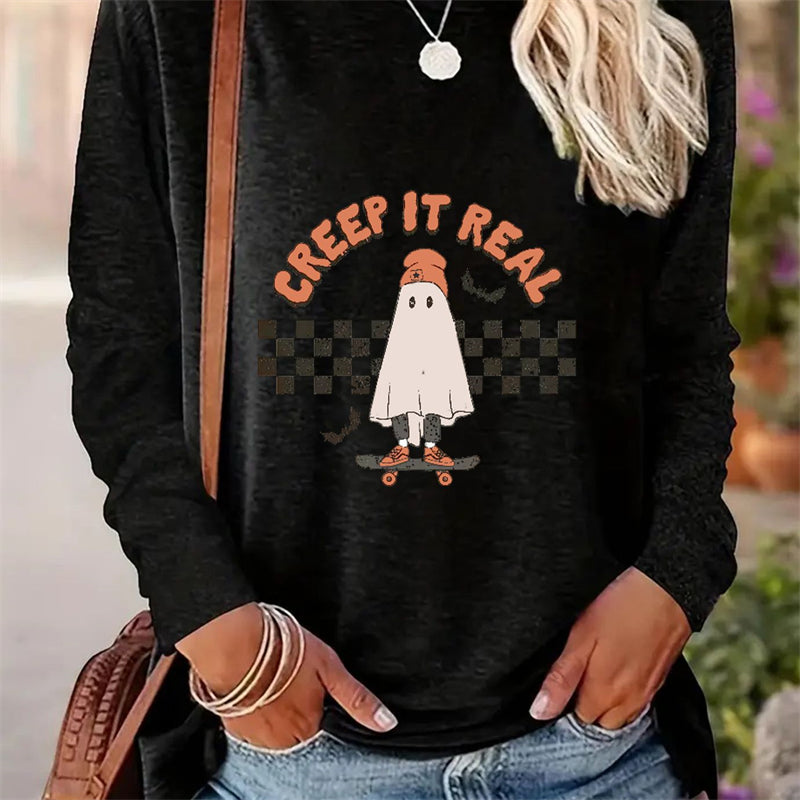 Spring And Autumn Women Casual Simple Pattern Printed Round Neck Long Sleeve T-shirt