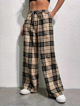 Spring And Autumn New Fashion Plaid Drawstring Waist Sports Casual Trousers For Women