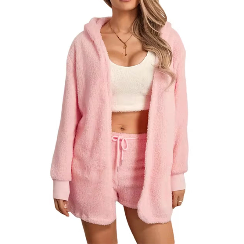 Women Solid Color Long Sleeve Hoodies Cardigan Tank Tops Shorts Winter Plush Pajamas Set Loungewear Suits Sleepwear