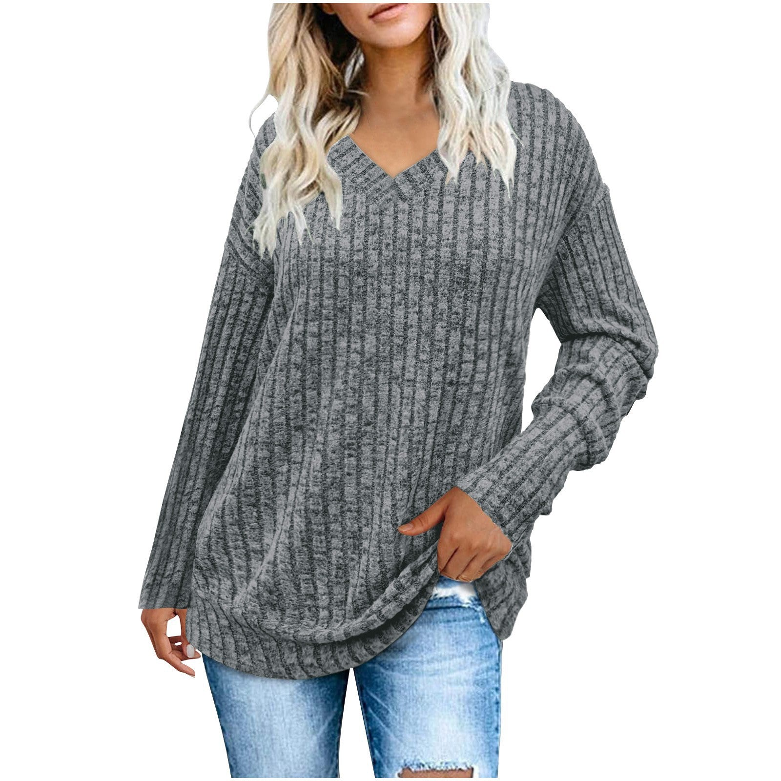 Top V-neck Long Sleeve Sunken Stripe Brushed T-shirt