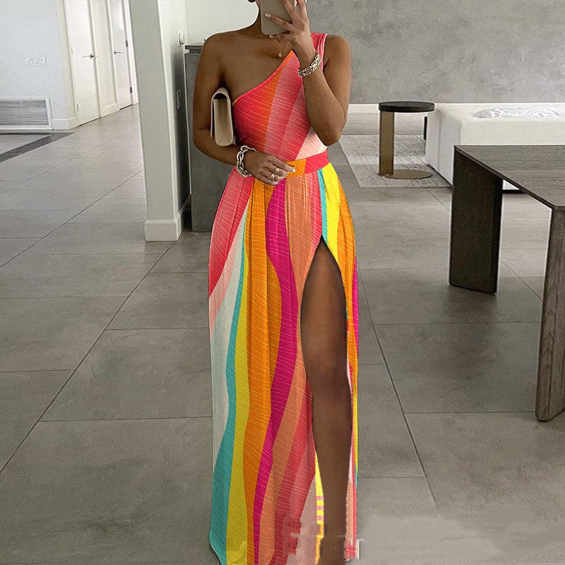 Women's Printed One-shoulder Slit Dress