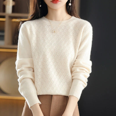 Pure Wool Sweater Women's Round Neck Pullover Loose