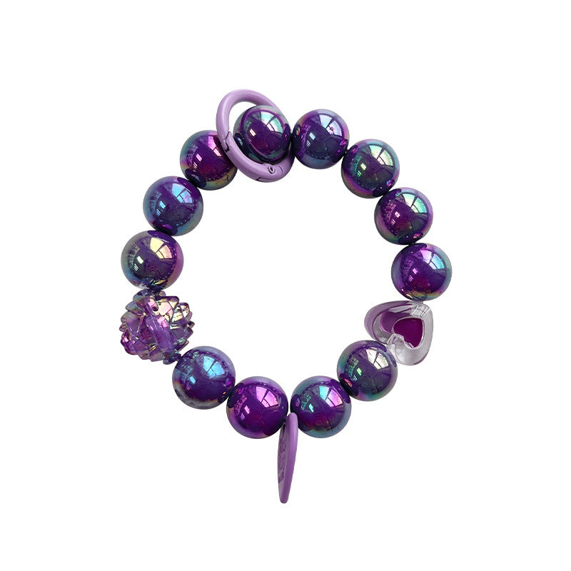 Plating Color Round Beads Handmade Beaded Purple Rose Love Hanging Mobile Phone Charm Keychain