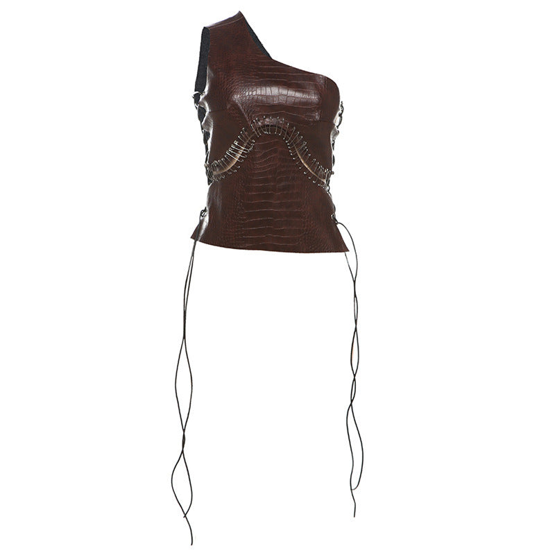 Creative Hollow Drawstring Patchwork One Shoulder Slim Top Vest