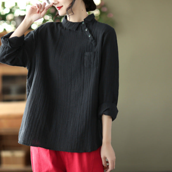 Vintage Oblique Placket Long-sleeved Double-layer Cotton Yarn Shirt Women's Artistic Pullover Top