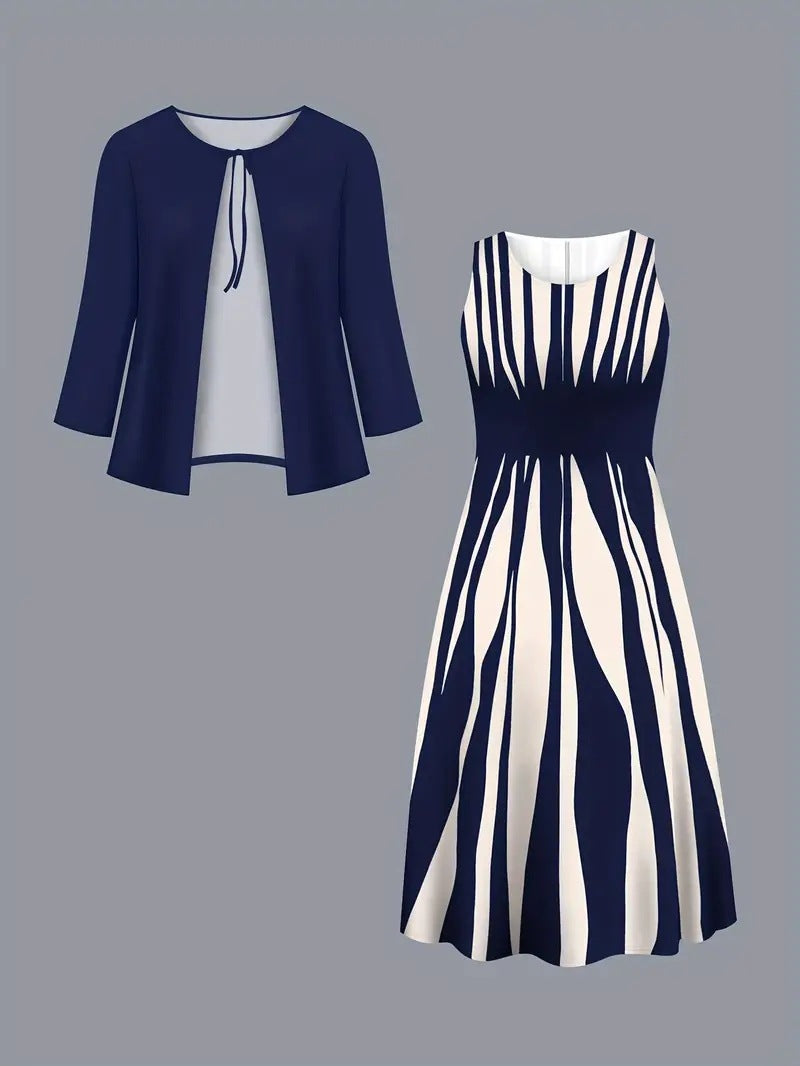 Geometric Print Plus Size Dress Long Sleeve Top Coat Long Skirt Two-piece Set