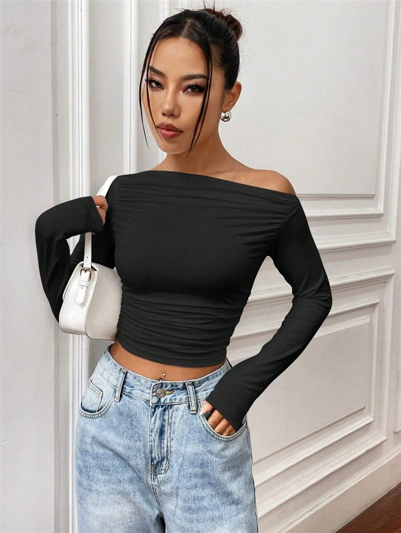 Slim Fit All-match Shoulder Pleating Long Sleeve Women's T-shirt