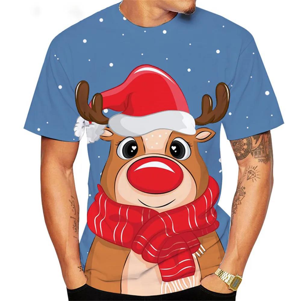 Christmas Deer 3D Printed Loose Round Neck Short Sleeve