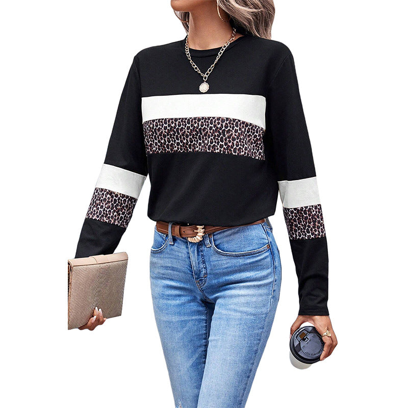 Leopard Print Color-block Crew Neck Pullover Women