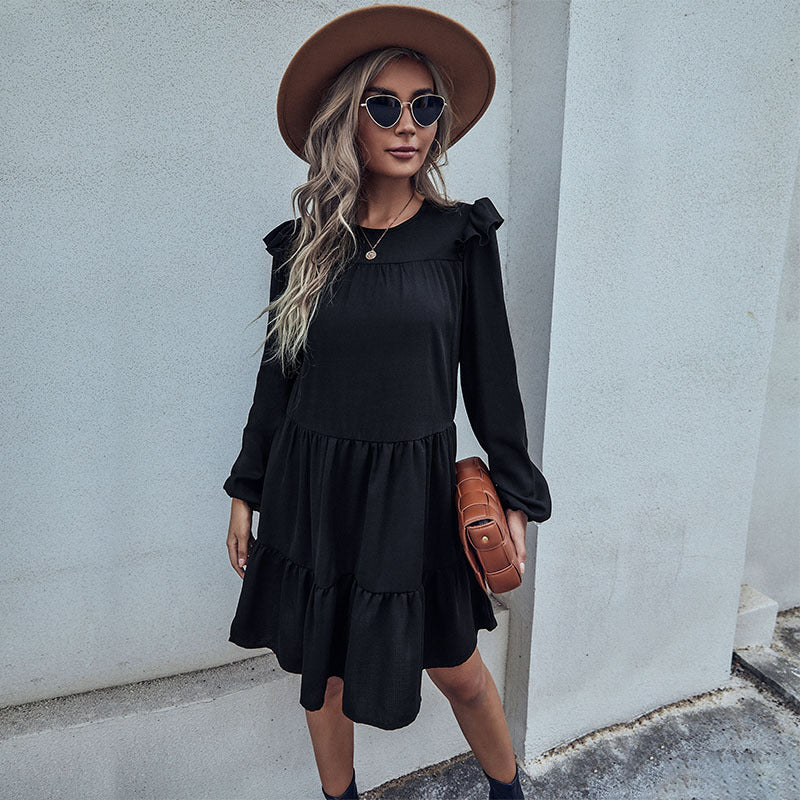 Women's Long Sleeve Black Loose Hepburn Style Dress