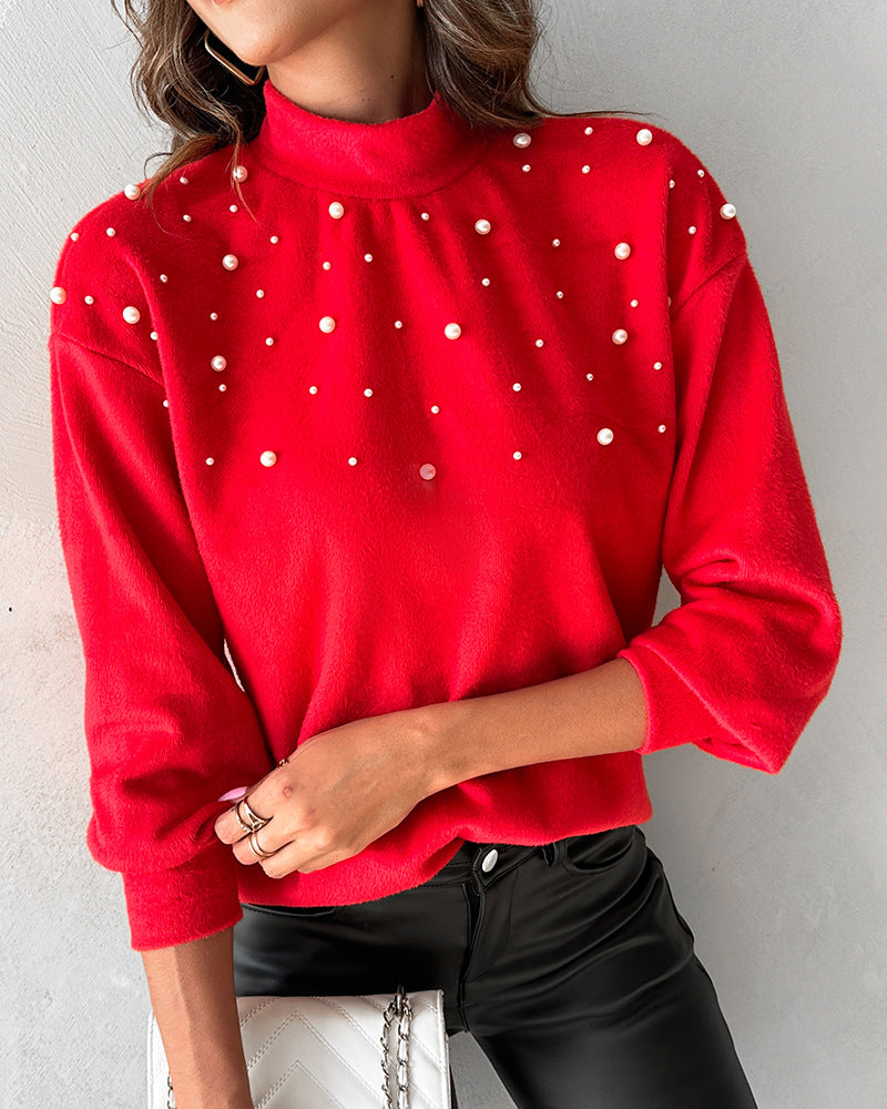 European And American Women's Clothing Beaded Turtleneck Long-sleeved Top