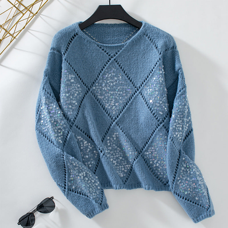 Fashion Hollowed-out Sequined Knitted Rhombus Pullover Loose Sweater For Women