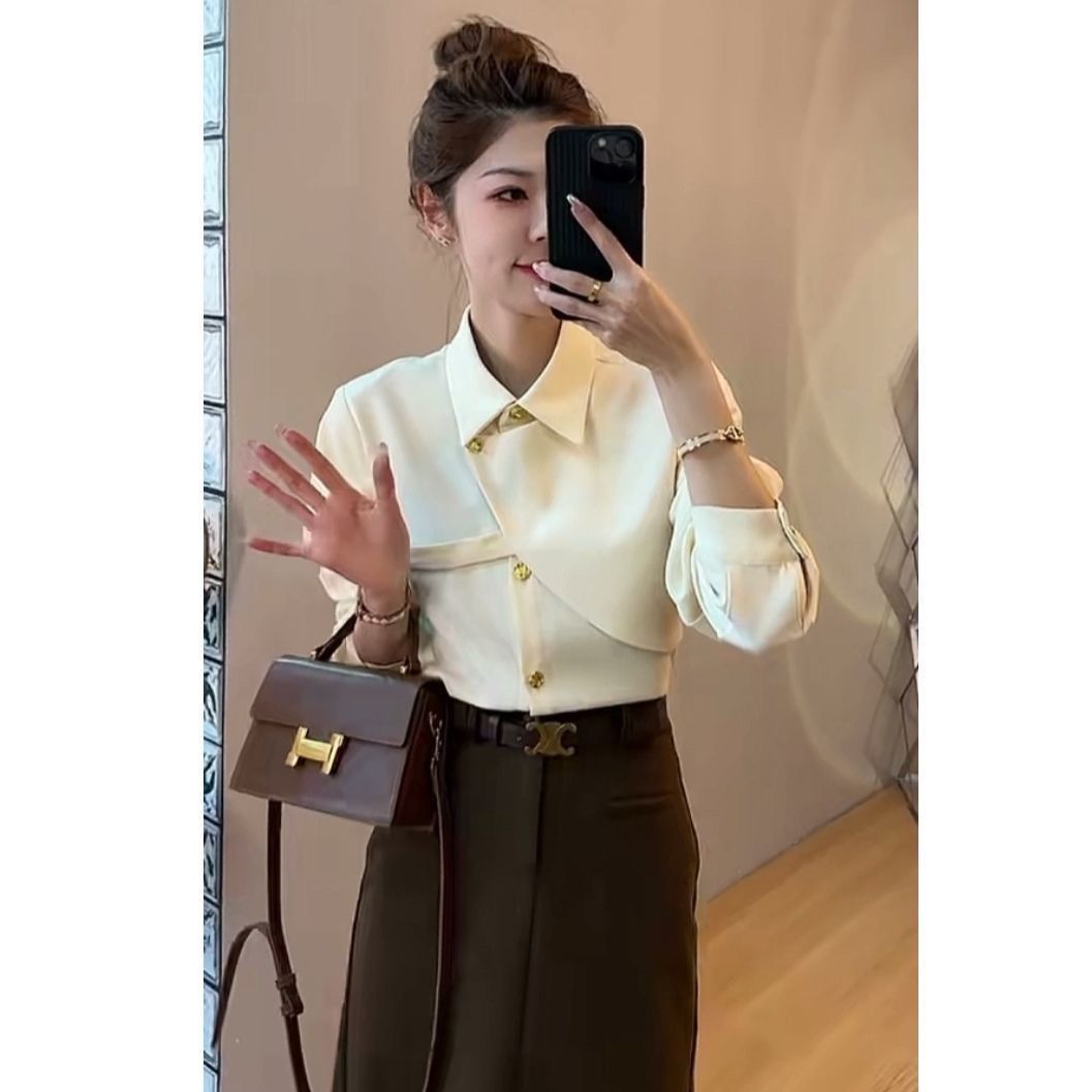 Solid Color Asymmetrical Elegant Lapel Long Sleeved Shirt