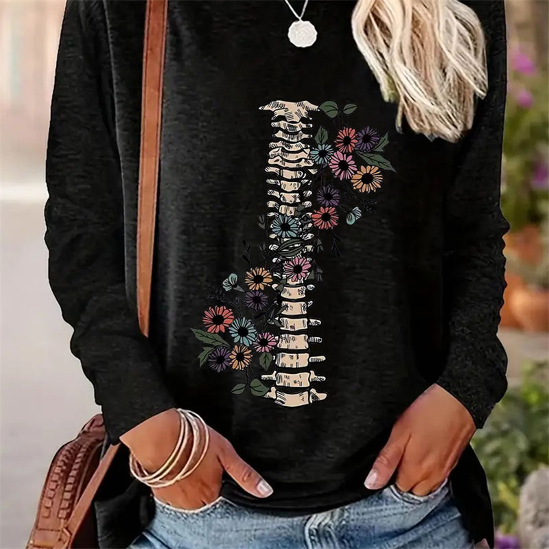 Spring And Autumn Women Casual Simple Pattern Printed Round Neck Long Sleeve T-shirt