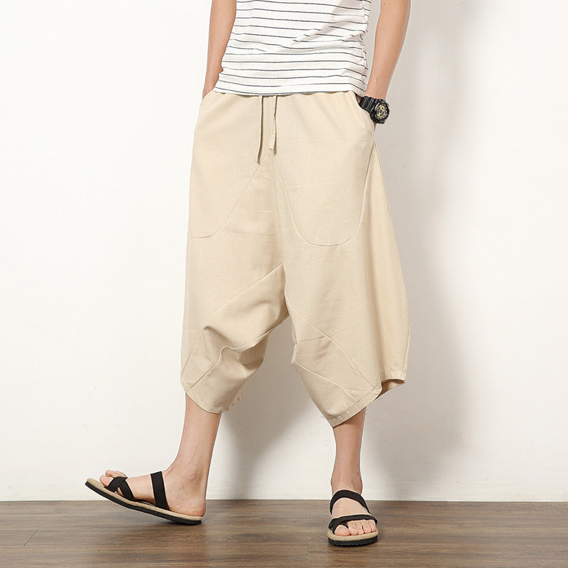 Men's Casual Retro Solid Color Cotton And Linen Lantern Pants