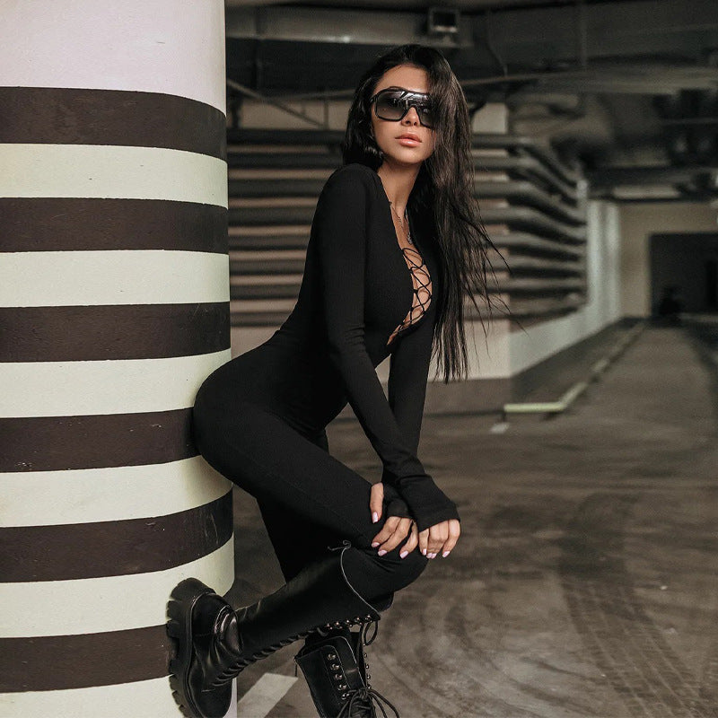 Hollow-out Cross Strap Women's Long Sleeve Jumpsuit