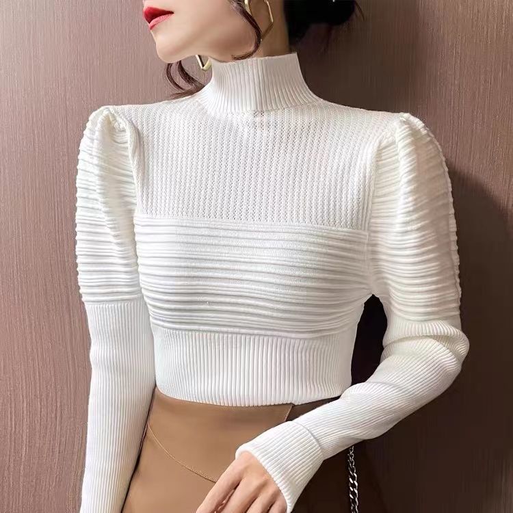 Half Turtleneck Sweater Slimming Puff Sleeve Sweater