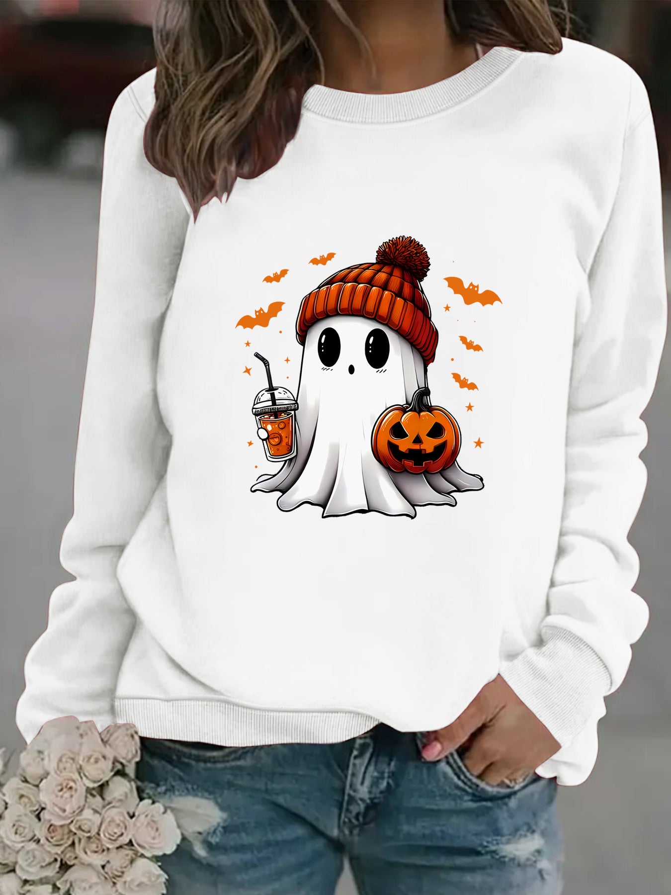 Crewneck Snowman Ghost Print Pullover Sweater