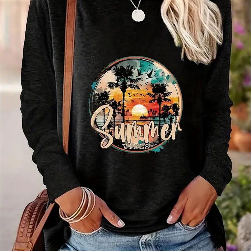 Spring And Autumn Women Casual Simple Pattern Printed Round Neck Long Sleeve T-shirt