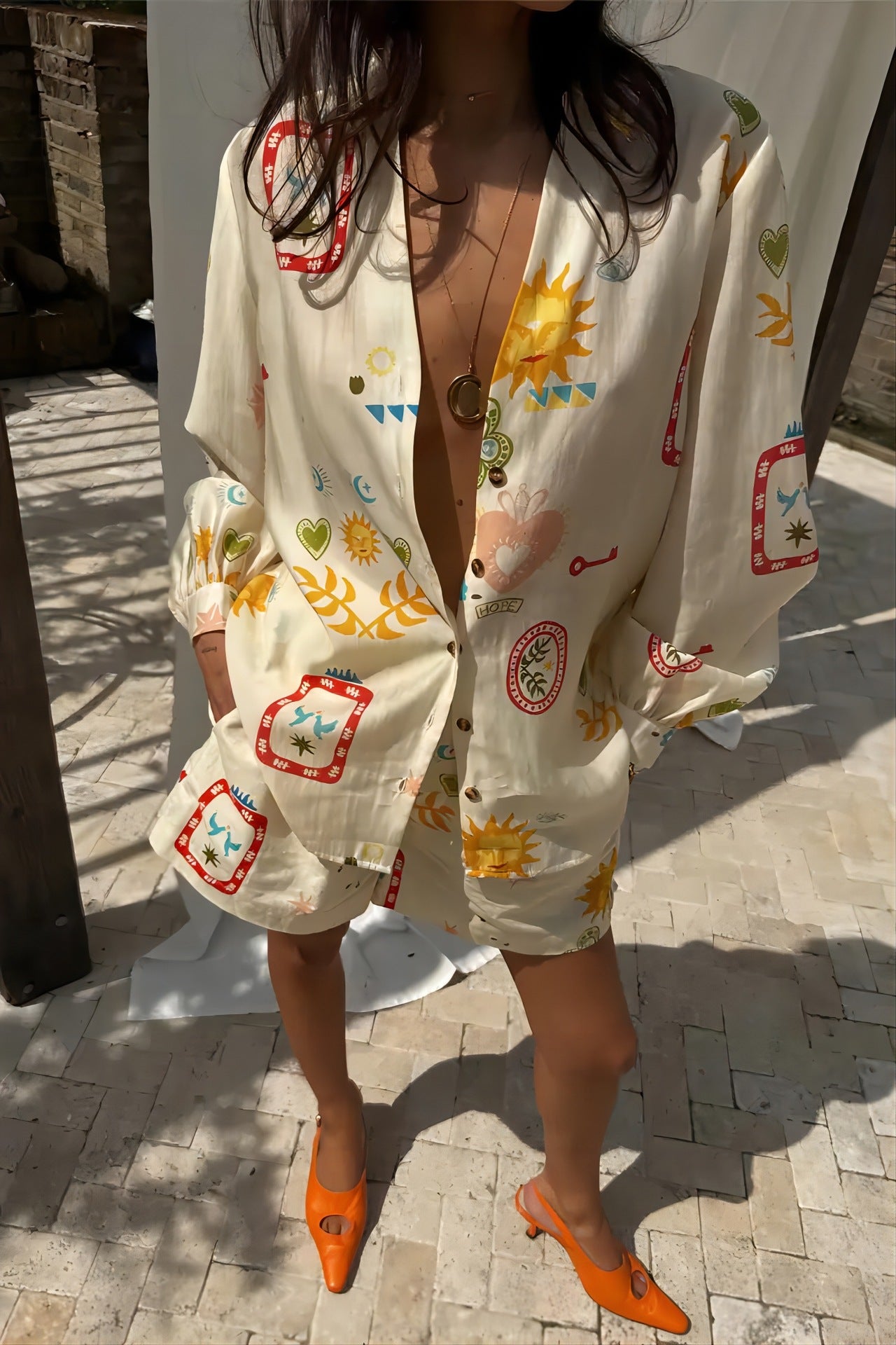 Women's Fashion Printed Linen Leisure All-matching Shirt Cardigan Shorts Suit