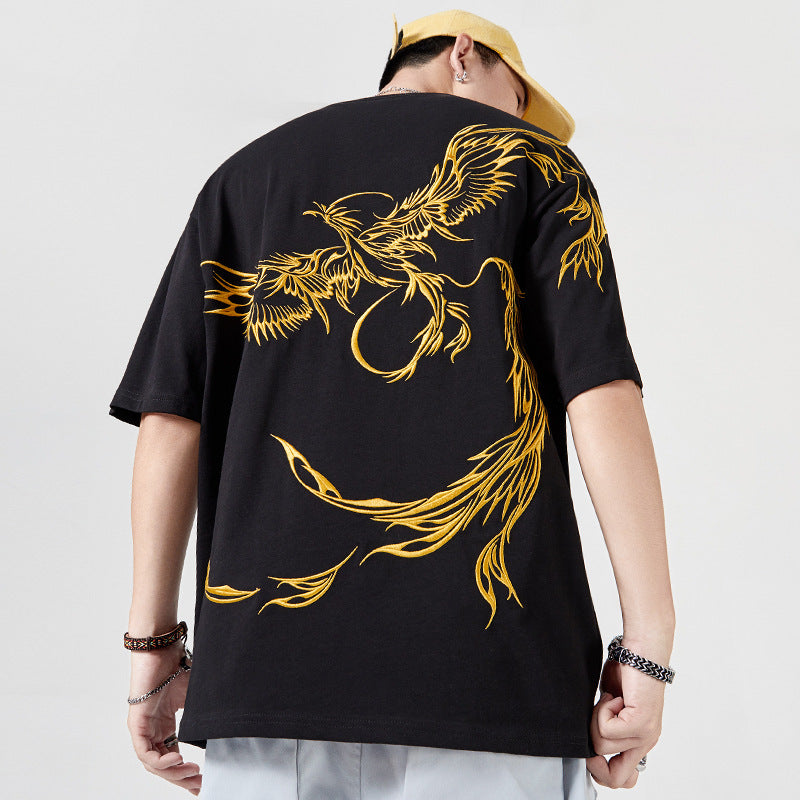 Embroidered Phoenix Individual Short-sleeved T-shirt National Fashion Hip Hop Men's Casual Clothes