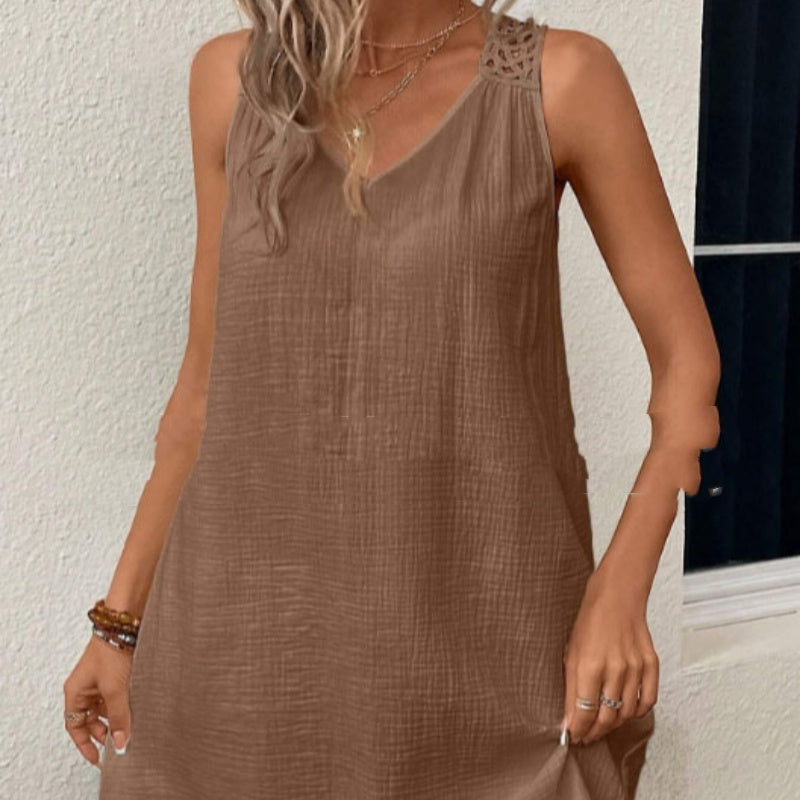 Lace Fashion Sexy Sleeveless V-neck Cotton And Linen Solid Color Dress