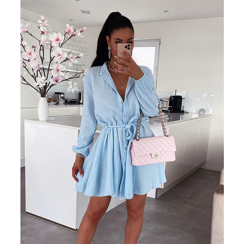 European And American Women's Clothing Solid Color And V-neck Long Sleeve Casual Dress