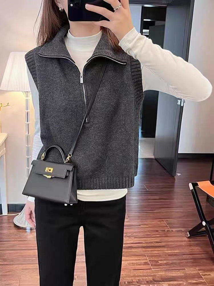 Casual Half Zipper Design Lapel Knitted Temperament Flattering Vest