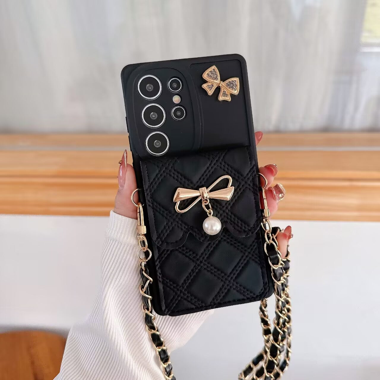 Applicable To S25Ultra Phone Case Pearl Butterfly Rhombus Card Holder Phone Case