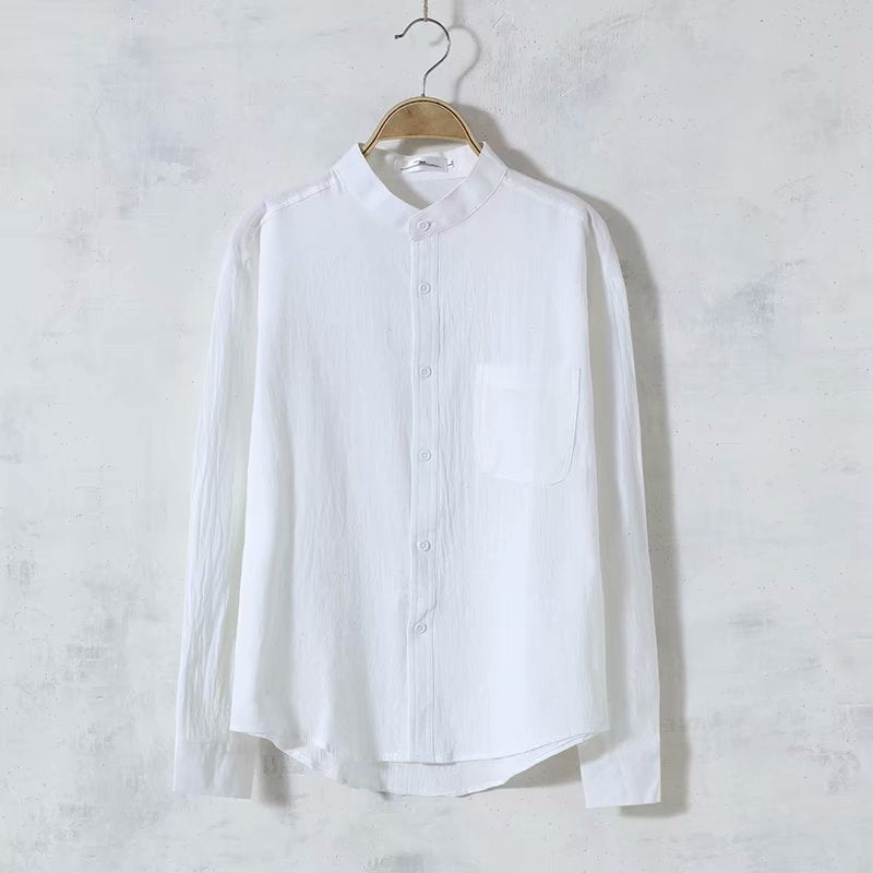 Solid Color Men's Long Sleeve Round Neck Casual Loose Linen Shirt