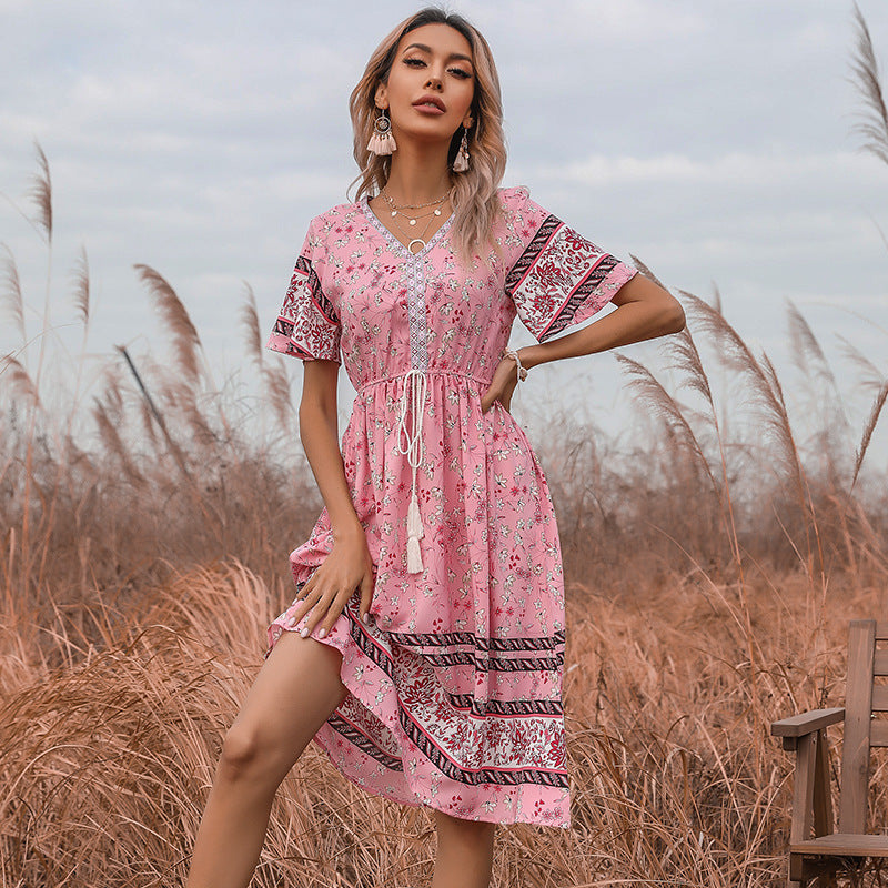 Women's Pink V-neck Printed Dress