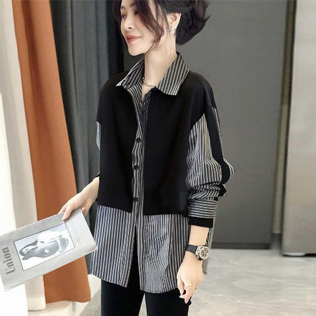 Stitching Stripe Long Sleeves Shirt Women's Loose All-matching