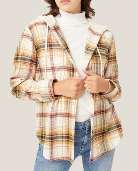 Women's New Loose Hooded Plaid Striped Jacket Shirt