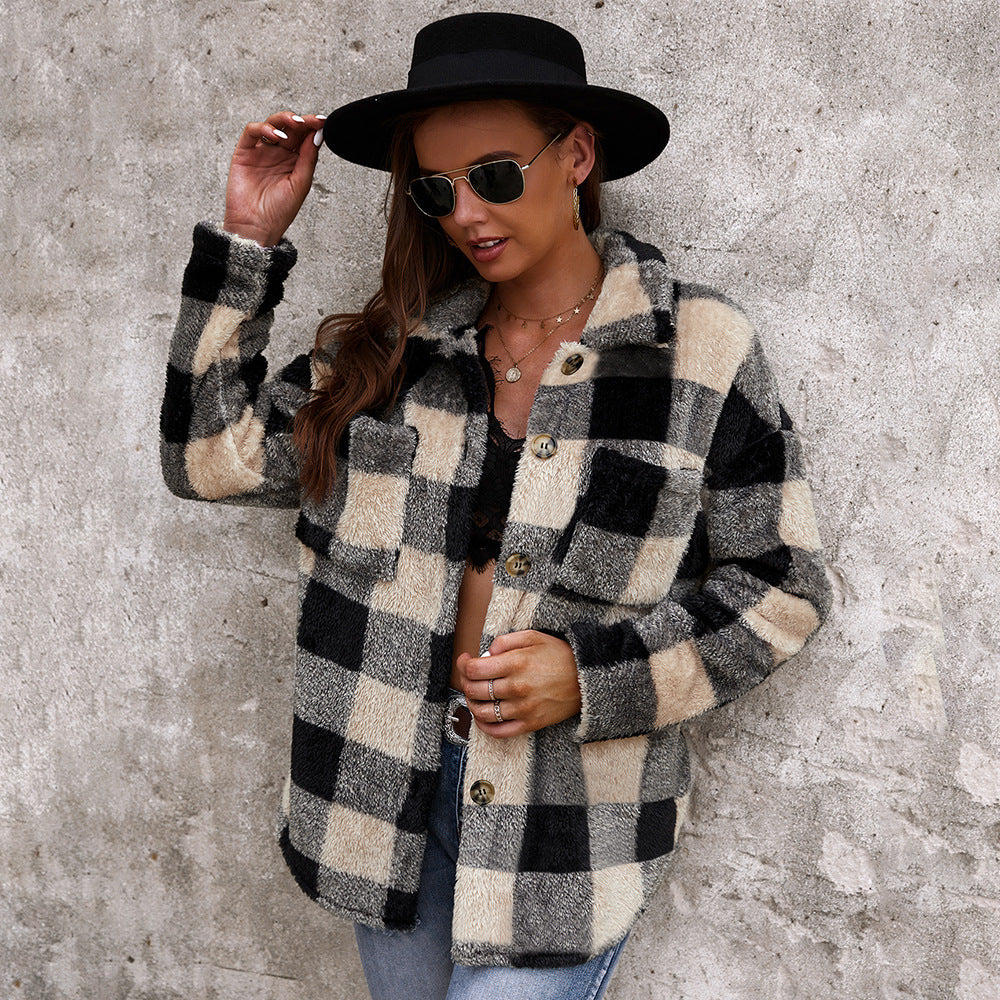 Checked Sweater With Thick Fur Coat Temperament