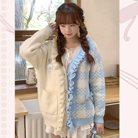 Sea Salt Milkshake Wooden Ear Plaid Patchwork Knitting Cardigan