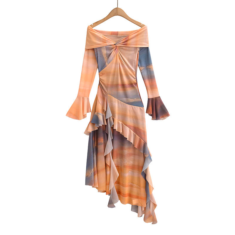 Women's European And American Style Tie-dye Irregular Long Sleeve Dress