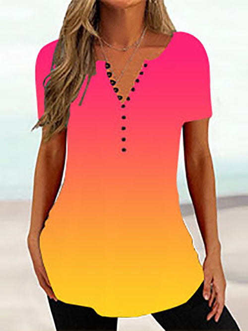 Women's V-neck Short-sleeved Summer 3D Printed Button T-shirt