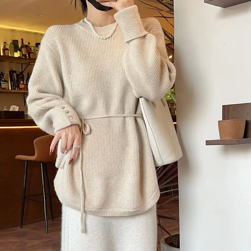 Mid-length Lace-up Loose Round Neck Solid Color Sweater