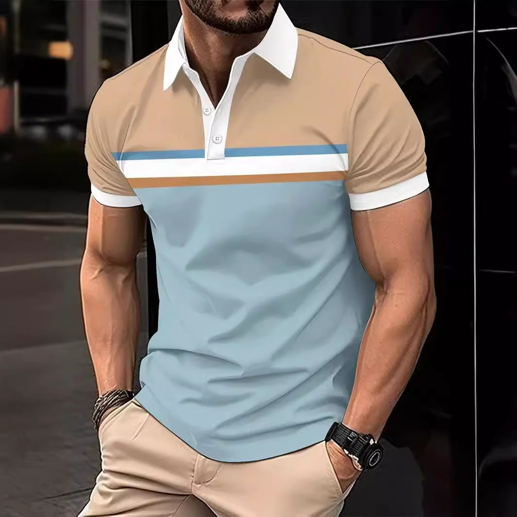 Color Stitching Turnover Neck Button Short Sleeve T-shirt