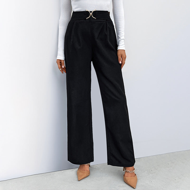 European And American Solid Color With Buckle High Waist Straight Pants