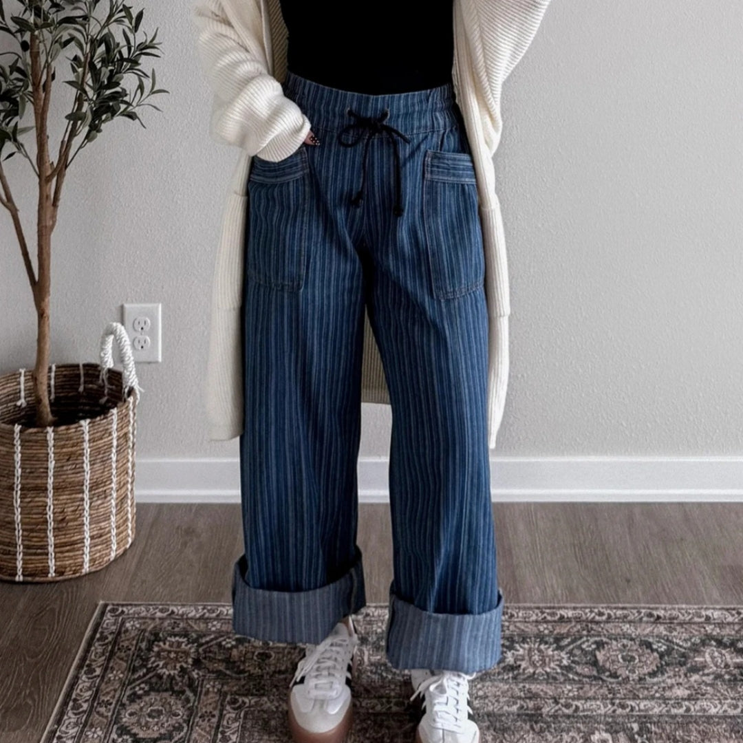 Women's Casual Loose Blue Striped Pants