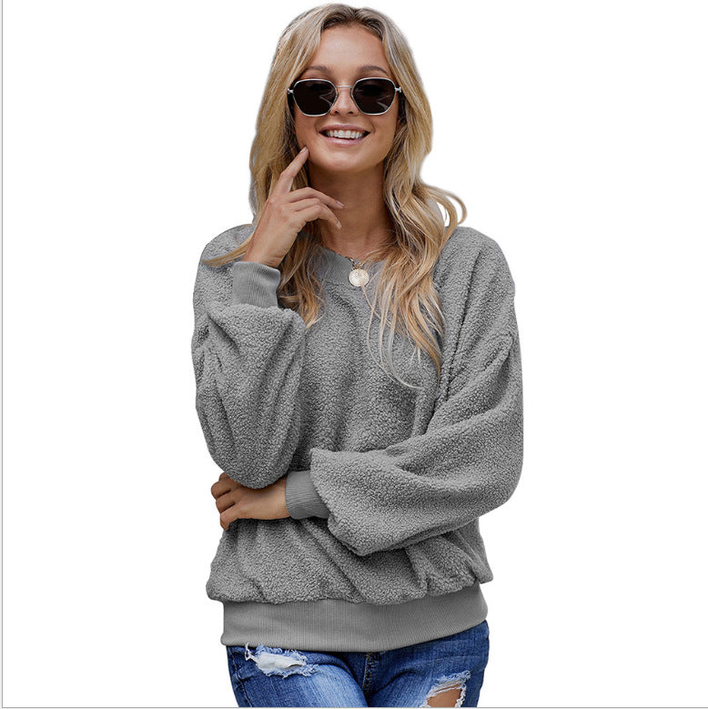 Autumn And Winter New Solid Color Pullover Round Neck Long Sleeves Women's Tops Loose Casual