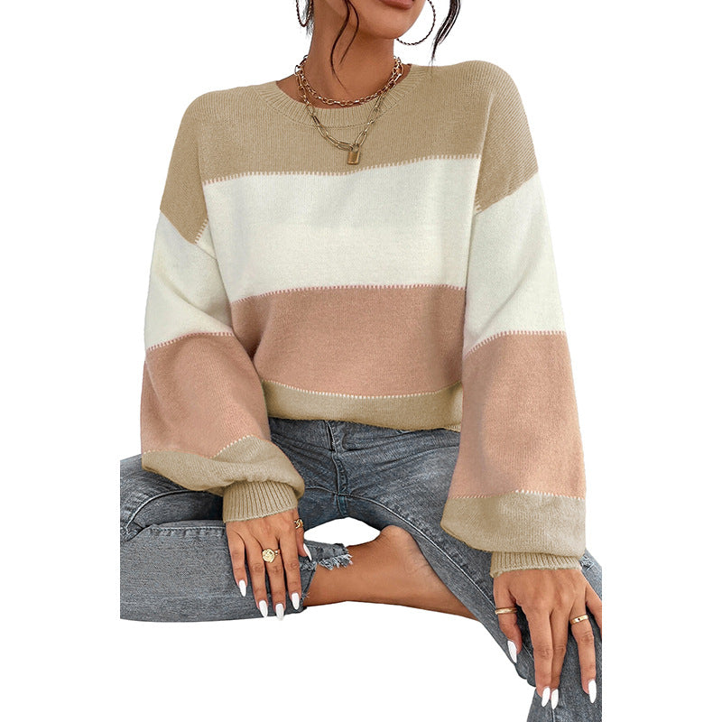 Color-block Crew Neck Sweater Casual Loose Shoulder Lantern Sleeve Pullover Women