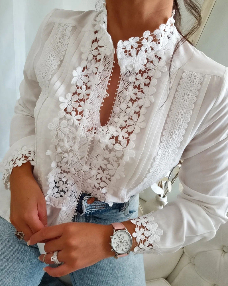 Women's White Lace Floral Long Sleeve Shirt