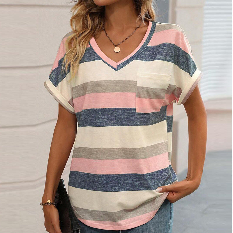 Striped V-neck Multicolor Batwing Sleeve T-shirt