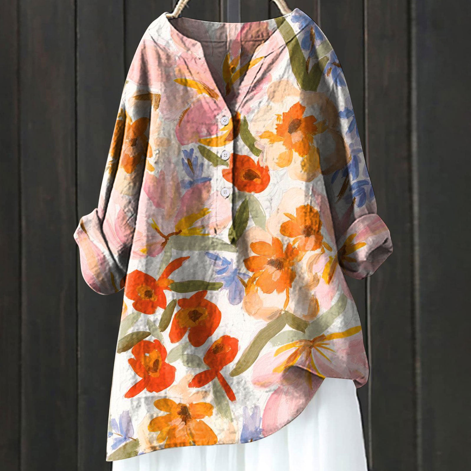 Long Sleeve Chinese Style Slub Linen Comfort Printing All-matching Shirt