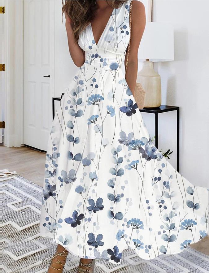 Printed V-neck Loose Plain Elegant Dress