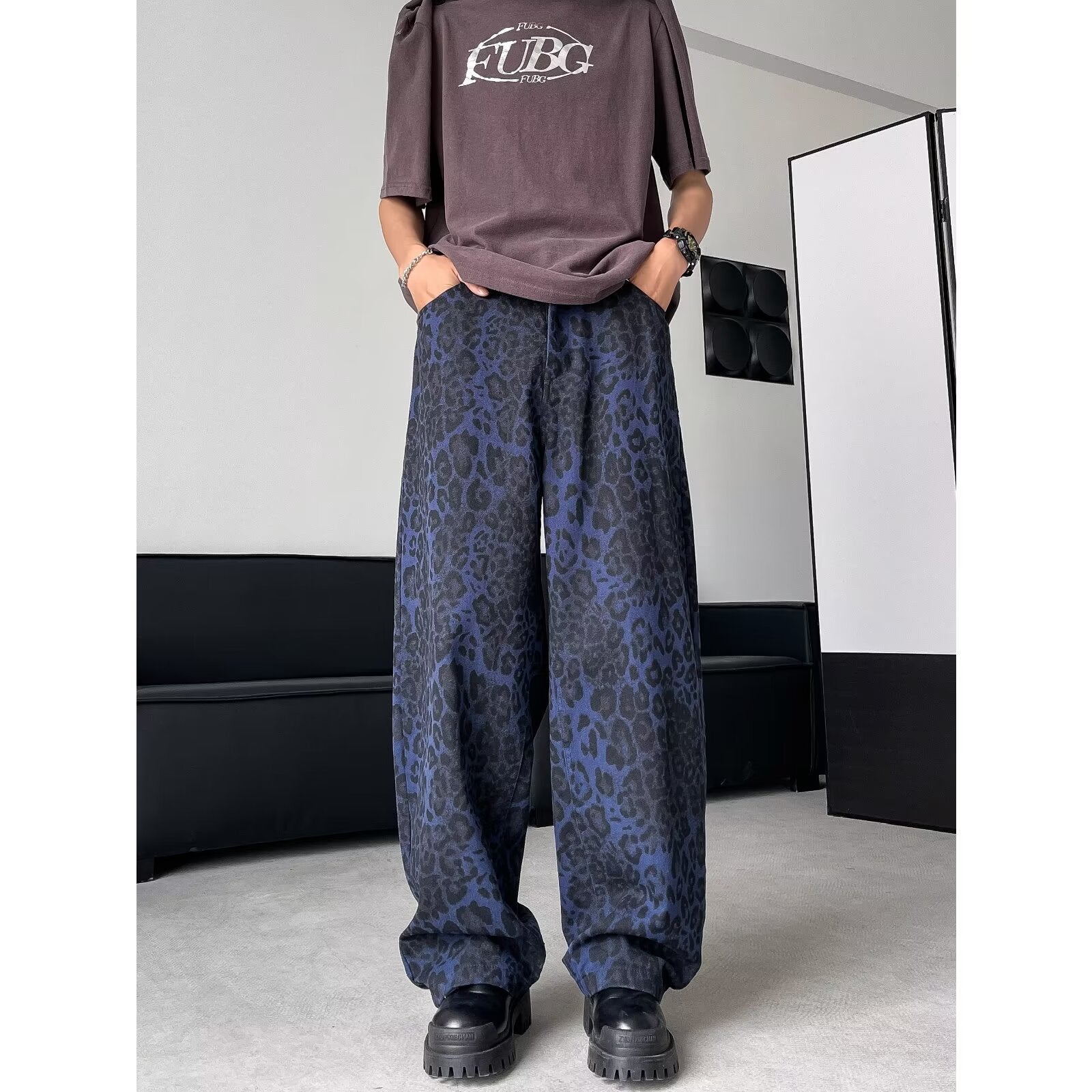 American Retro Leopard Print Wide-leg Pants Loose Straight