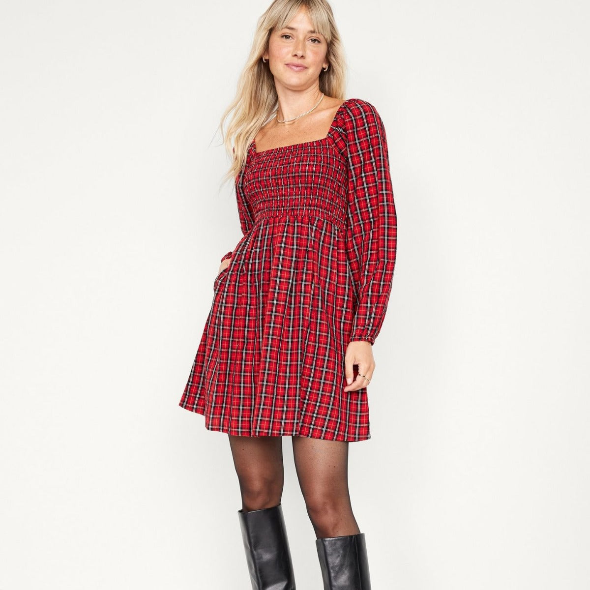 European And American Square Collar Plaid Smocking Long Sleeve Slim Dress