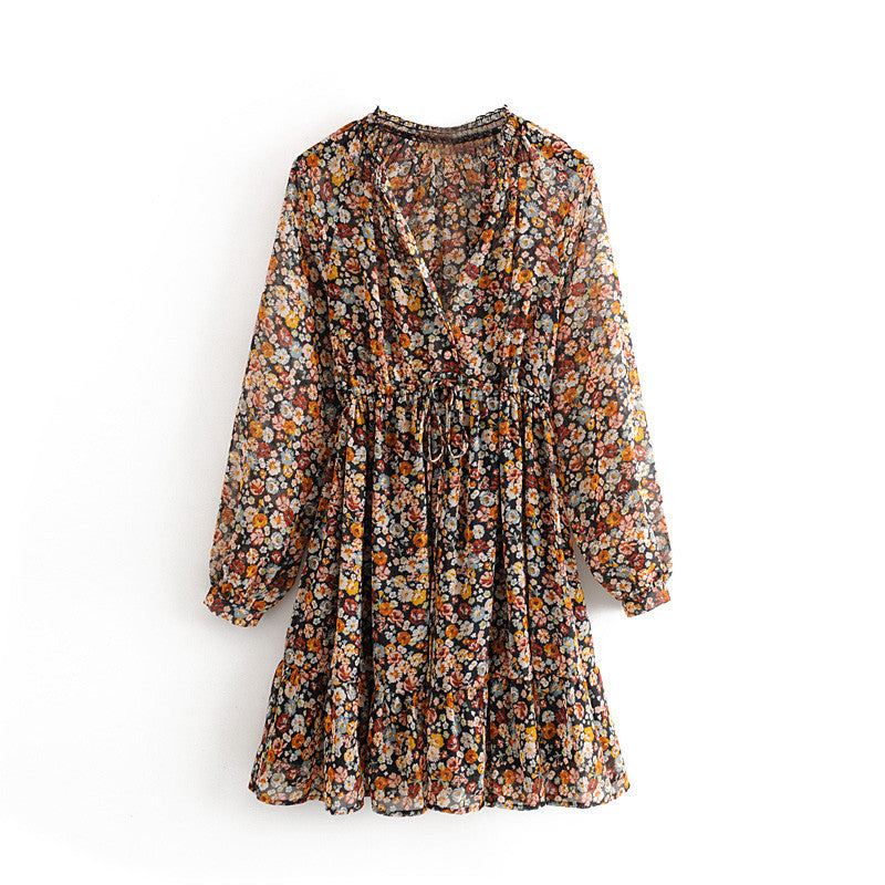 Bohemian Print Long-sleeved Dress Ladies Pleated Dress